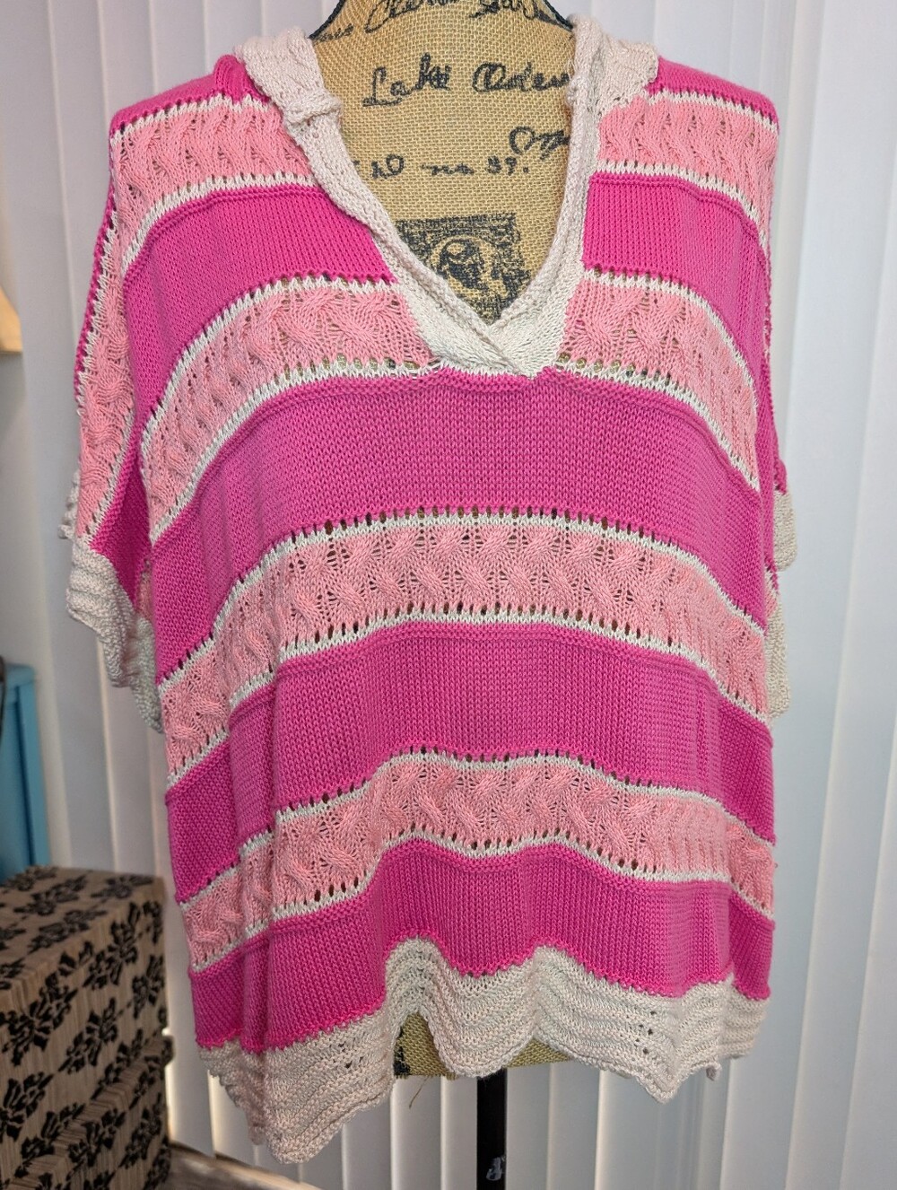 BiBi Loose Knit Pink and Cream Hooded Sweater Top